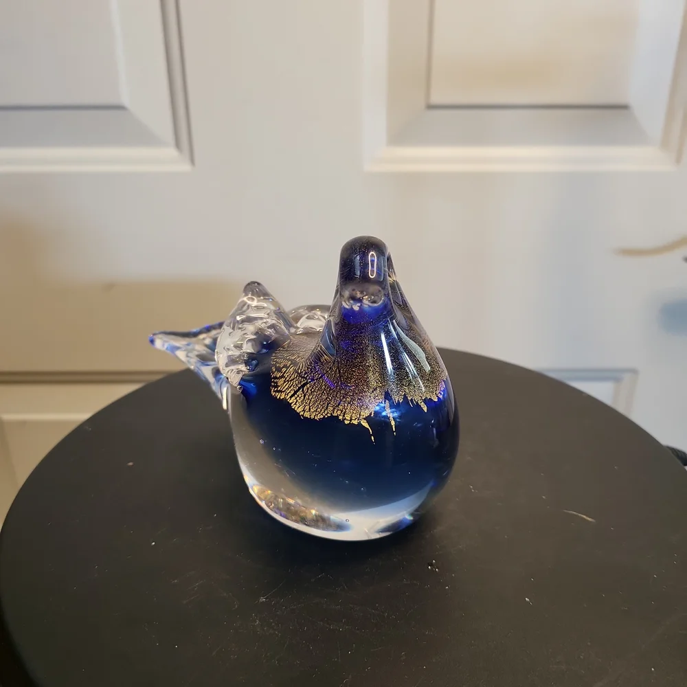 Hand Blown Glass Blue Bird with Gold Flakes - Picture 2 of 10